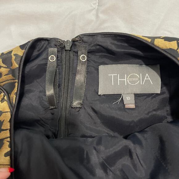 Theia Dress Black & Gold dress brocade sleeveless fit & flare pockets size 10 - Picture 8 of 10